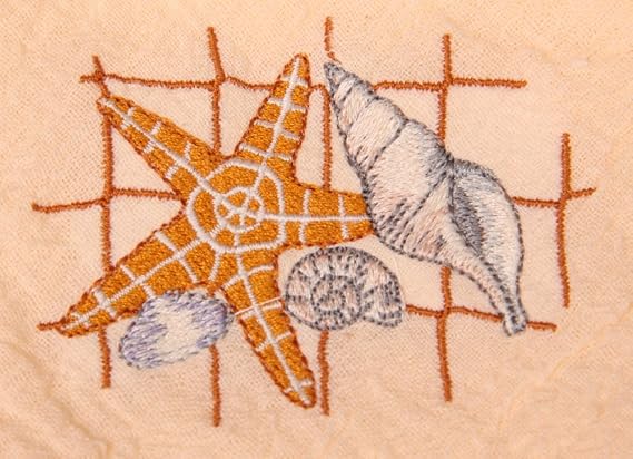 Bath Towel Set with Embroidered Net with Star Fish and Shells - White Terry