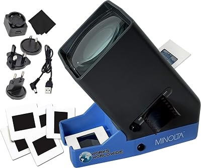 MINOLTA 35mm Desk Top Portable LED Slide and Negative Viewer Luminated 3X Magnify for 2x2 Slides & Positive Negatives - Worldwide AC Adapter & Plugs, Battery Operation & Cloth