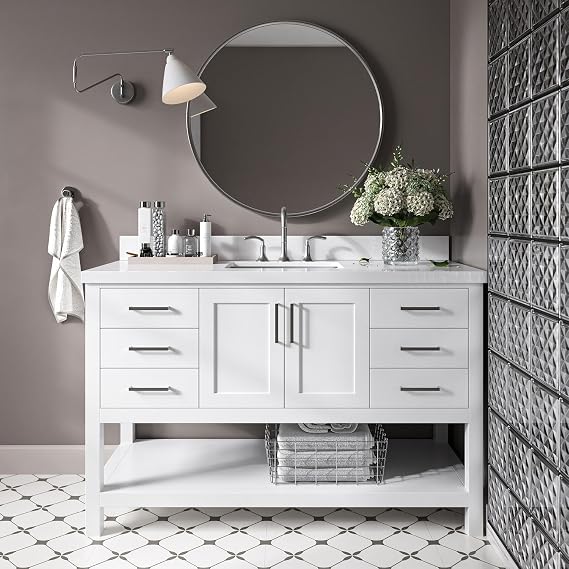 DKB Olivia 54-Inch White Bathroom Vanity, 1.5-Inch Pure White Quartz Countertop & Backsplash, Rectangular Sink, 2 Soft Closing Doors, 6 Full Extension Dovetail Drawers, Open Shelf, Brushed Nickel