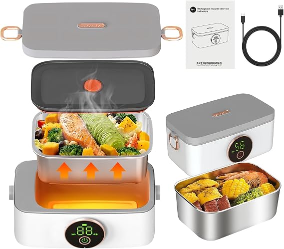 Cordless Lunch Box, Portable Electric Food Warmer 1000ml Inner Container, 16000mAh Rechargeable Self-Heating Lunch Box for Office/Car/Travel/Picnics/Outdoor