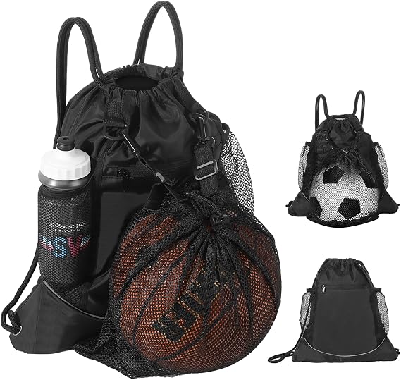 MoKo Drawstring Basketball Backpack, Sports Gym Bag Soccer Backpack with Two Water Bottle Holder, Foldable Mesh Ball Bag Portable Basketball Bag for Football Volleyball Baseball Yoga, Black