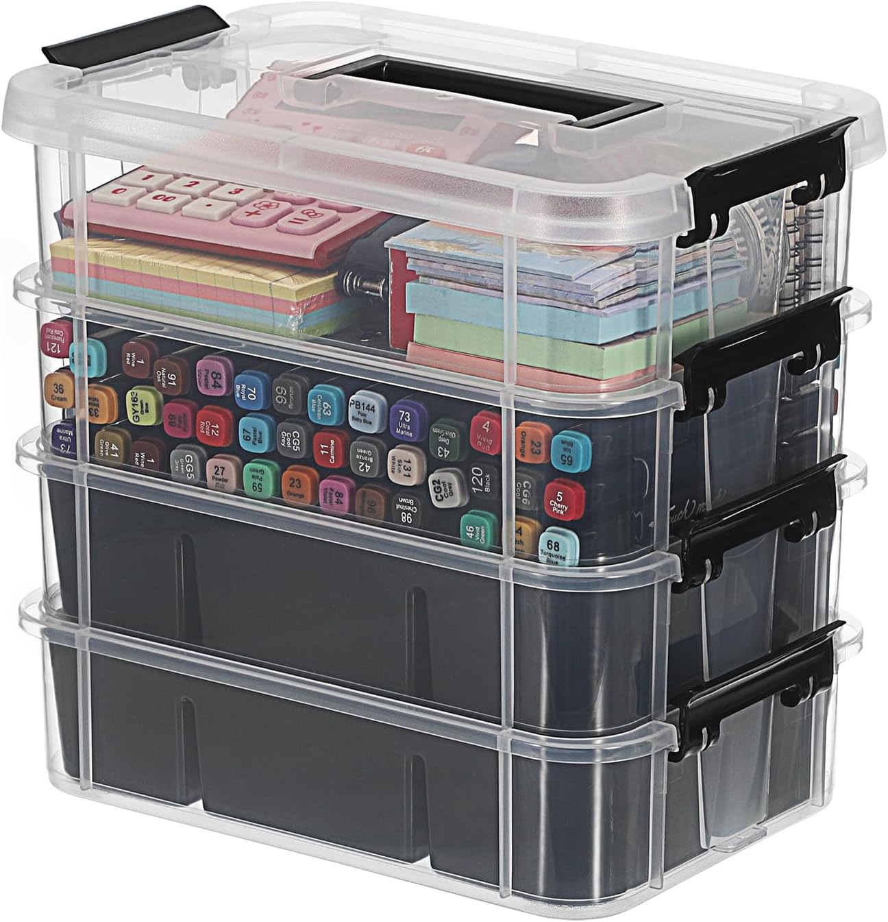 IGNPION Stackable Storage Box, 4 Layer Adjustable Plastic Storage Box with Carrying Handle Transparent Organizer Containers for Arts and Crafts Toys Sewing Accessories (Black)