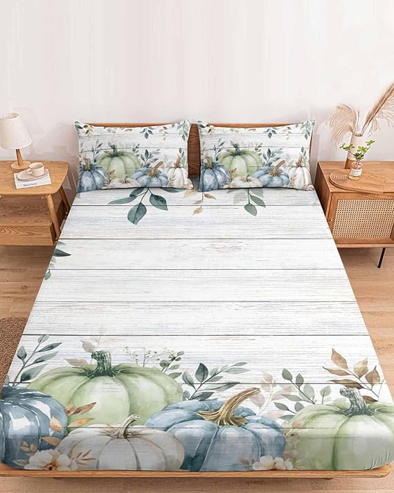 Bedding King Size Fitted Sheets Fit 5"-16" Deep Pocket Mattress,Fall Pumpkin Thanksgiving Eucalyptus Leaf Soft Bottom Sheet Farm Vintage Wood Board Fitted Sheet Bed Set with Pillow Case