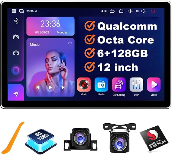 6GB+128GB 12 Inch QLED Double Din Car Stereo with Front and Rear Camera | Octa Qualcomm Touchscreen Radio Upgrade with CarPlay Android Auto, GPS Navigation, DTS 32EQ, FM AM RDS, support 4G
