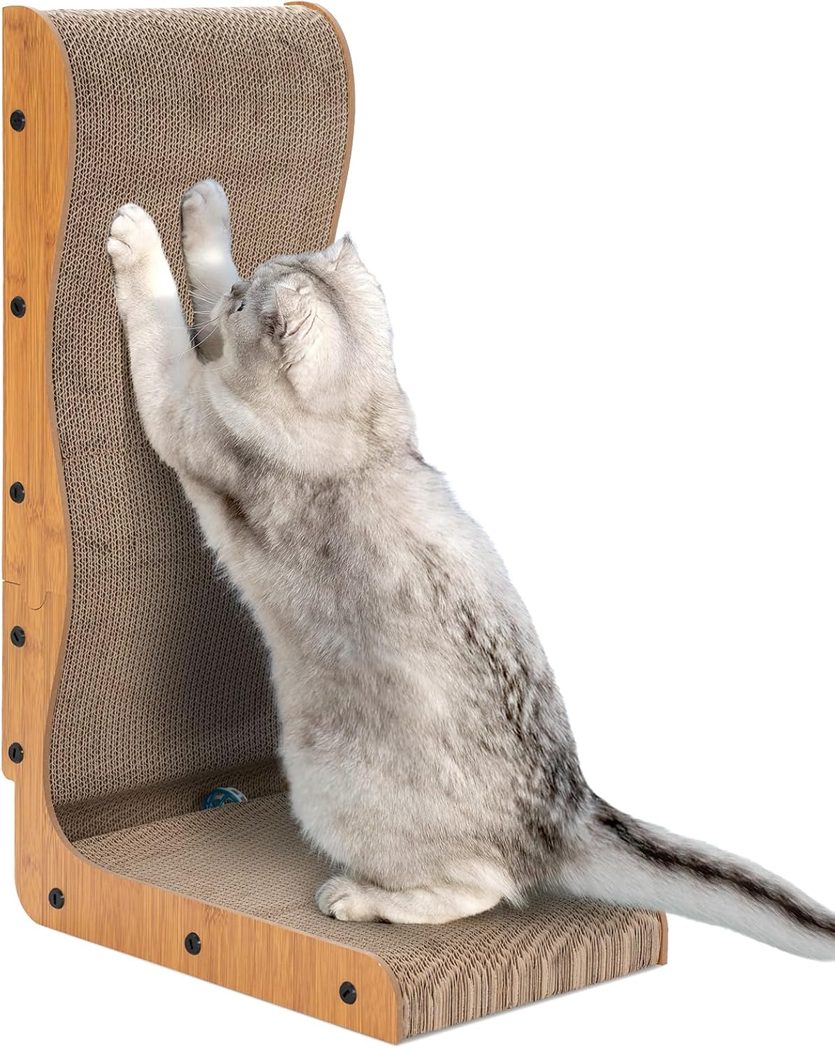 Happy & Polly L Shape Cat Scratcher - 25.8 Inch Vertical Cat Scratching Board with Ball Toy for Indoor Cats - Cardboard Cat Scratch Pad Protecting Furniture