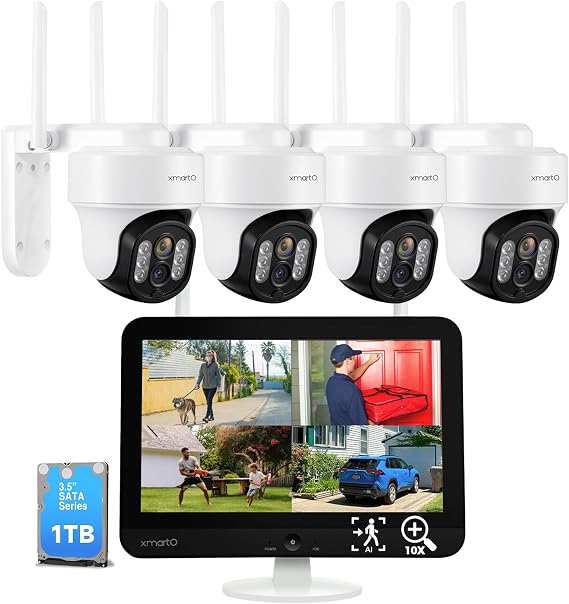 XMARTO Wireless Solar Home Security Camera System, 4-Set 2K 4MP QHD CCTV Camera Kit with 4K 10CH Expandable WiFi NVR and Past 90-Day Video Storage, All-Weather Solar Charge (SCS-2K104)