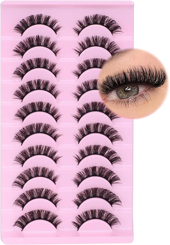 10 Pairs Russian Strip False Eyelashes - D Curl Natural Fluffy 3D Effect, Handmade Lightweight Volume Lashes, Soft Multi-Layered Fibers for Full, Wispy Look, Ideal for Daily Wear