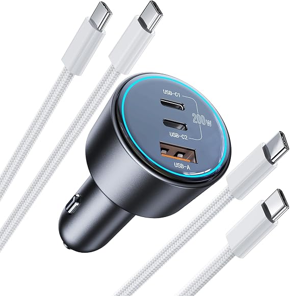 200W Super Fast Car Charger, Adapter with 2100W USB C to C Cables,