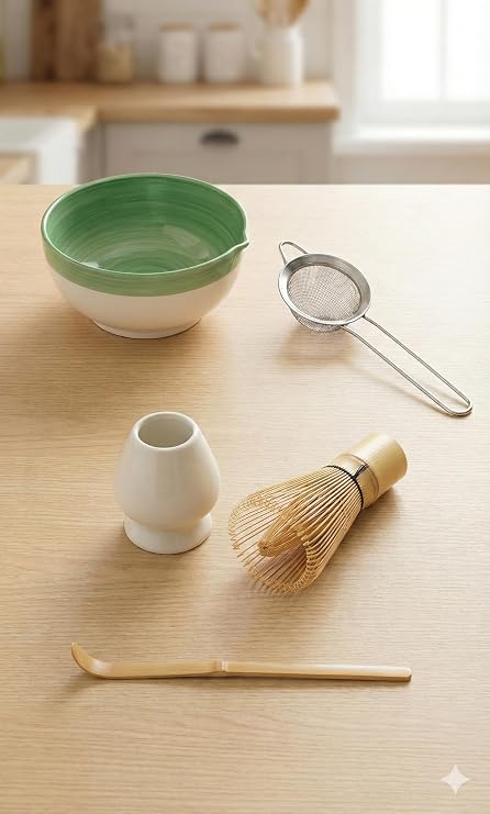 5 Parça Profesyonel Matcha Hazırlama Seti - Çelik Süzgeç, Bambu Çırpıcı, Kase, Tutucu ve Kaşık