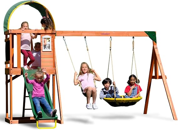 Sportspower Cedar Wooden Swing Set with Saucer Swing, Sling Swing, Play Fort, on 6ft Slide, Heavy Duty Double A-Frame