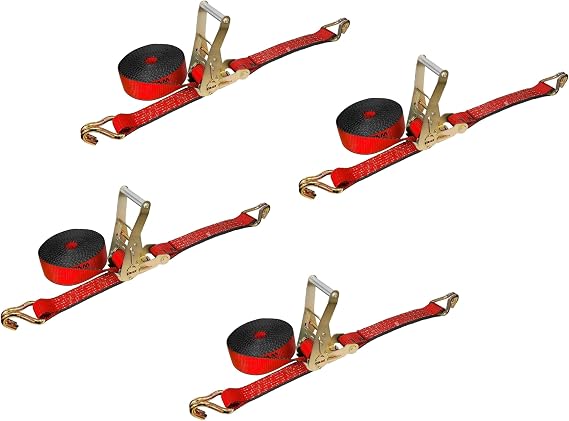 Mega Cargo Control J Hook Ratchet Straps (4 -Pack), 2 Inch X 30 Foot, Red Heavy Duty Ratchet Strap with 10,000 lbs Break Strength - Tie Down Straps for Flatbed Trailer