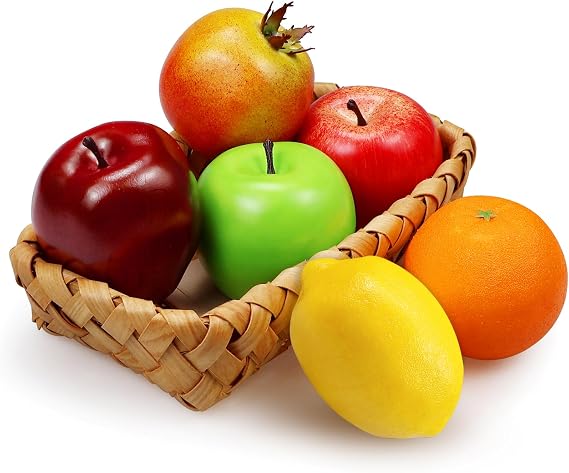 Lorigun Fake Fruits Decoration, Artificial Fruits Kitchen Bowl Decor Realistic Faux Fruits for Party Chirstmas Decortion, Artificial Apples Fake Lemon Orange 6 Pieces/Set