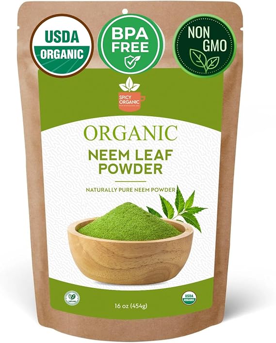 SPICY ORGANIC Neem Powder 16 oz. - Certified USDA Organic -Non-GMO - Fresh Dried Neem Leaves Powder for Healthy Hair and Skin - Azadirachta Indica Ayurvedic Herb for Overall Wellbeing
