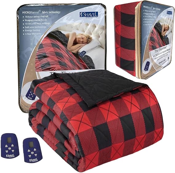 Thermee Micro Flannel Heated Blanket Queen Size - 10 Settings, Programmable, Rapid Heating, Rustic Check