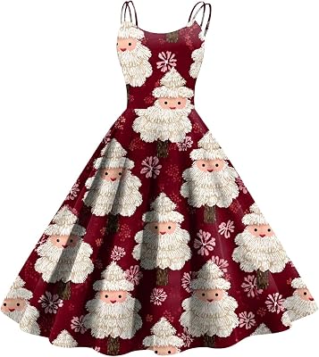 Women Sleeveless Spaghetti Strap Dress Santa Floral Print A Line Casual Holiday Party Midi Dress for Ladies