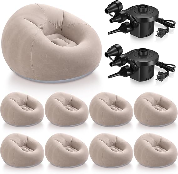 Realspring 9 Pcs Inflatable Bean Bag Chair, Air Pump,Coffee | Electric Pump for Inflation, Foldable Blow up Chairs for Outdoor Movie Seating, Portable Sofa for Adults Camping