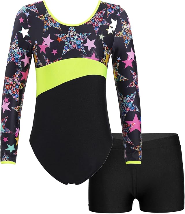 Kids Girls Long Sleeve Unitard Bodysuit with Shorts Fitness Gymnastic Leotard Dancewear