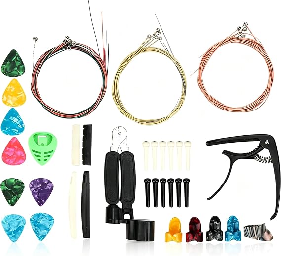 36PCS Guitar Accessories Kit, Including Acoustic Guitar Strings, Capo, Restring Tool, Pick Holder, Bridge Pins, Nuts and Saddles, Finger Picks, String Winder, Pin Puller