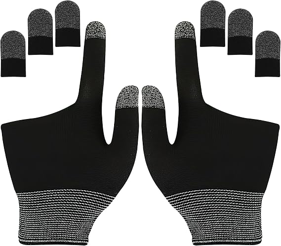 8 Pcs Thumb Game Gloves with Finger Sleeves, Silver Fibers Breathable Sweatproof Touch Screen Mobile Finger Covers for Daily Entertainment & Professional Game Competitions with All Touchscreen Devices