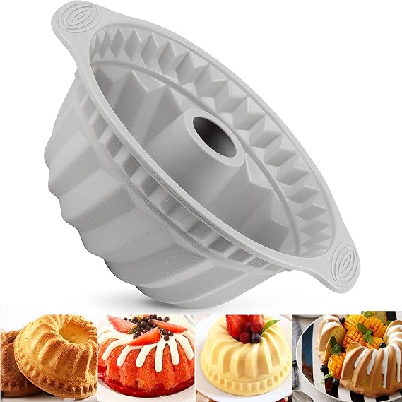 Cake Mould Silicone Baking Pan, 24cm 9.5'' Fluted Tube Cake Pan Ring Cake Tin for Baking, Round Baking Tin with Handle Grips, Non-Stick Coating for Chiffon Cake Cheesecake Gugelhupf (Grey)