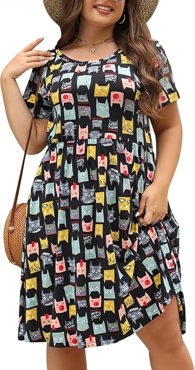 Nemidor Women Plus Size Casual Dress Midi Flt Flare Pocket