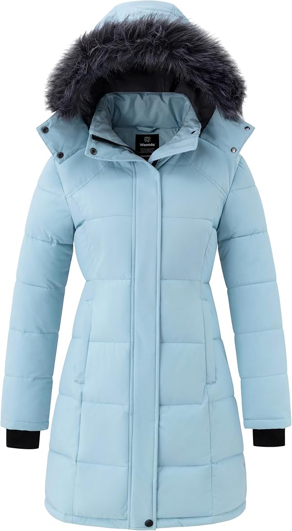wantdo Women's Warm Winter Coat Long Puffer Jacket with Faux Fur Hood Parka
