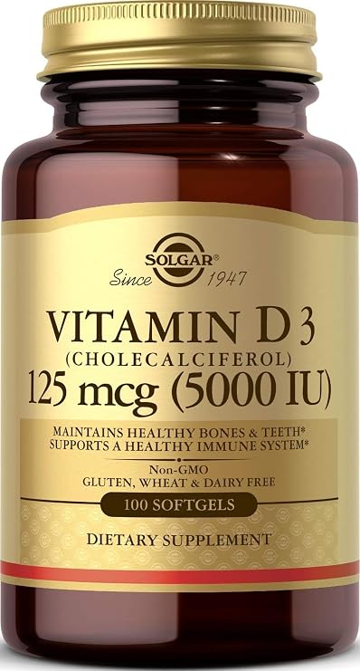 Solgar Vitamin D3 (Cholecalciferol) 125 mcg (5000 IU), 100 Softgels - Helps Maintain Healthy Bones & Teeth - Immune System Support - Non-GMO, Gluten Free, Dairy Free - 100 Servings