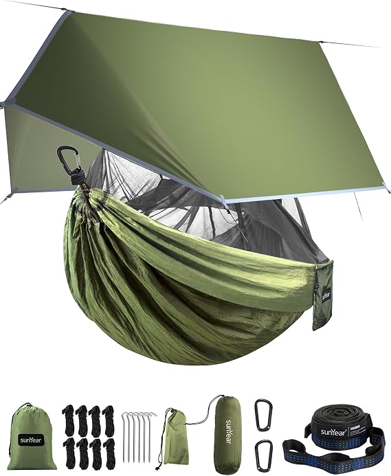 Sunyear Camping Hammock with Net and Hammock Tent Rain Fly Bundle - Perfect for Hiking, Backpacking, Outdoor Sleeping and Camping Survival