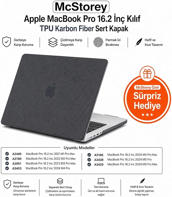 McStorey MacBook Pro 16.2 İnç Kılıf A2485 A2780 A2991 A3403 A3186 A3428 A3429 Uyumlu Karbon Fiber Görünümlü Sert Kapak İnce Hafif Koruyucu Hard Case Siyah