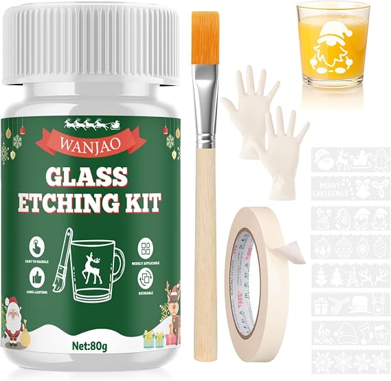WANJAO Glass Etching Kit, Long-Lasting with Etching Stencils, Gloves Paper Tape for Glass, Mirror, Ceramic