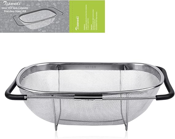 Tiawudi 6-Quart Large Over The Sink Colander, Heavy Duty 40% Thicker 18/8 Stainless Steel Fine Mesh Strainer Basket with Expandable Rubber Grip Handles - Strain, Drain, Rinse Fruits, Vegetables