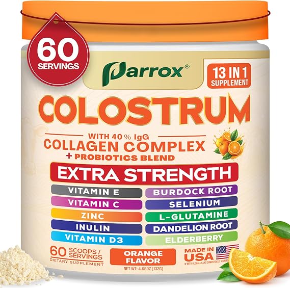 Colostrum Powder 40% IgG with Collagen & Probiotics, Orange, 60 Servings | With Collagen, Probiotics, Burdock Root, L-Glutamine, Elderberry, Vitamins C, E, D3, Inulin, Selenium, Zinc