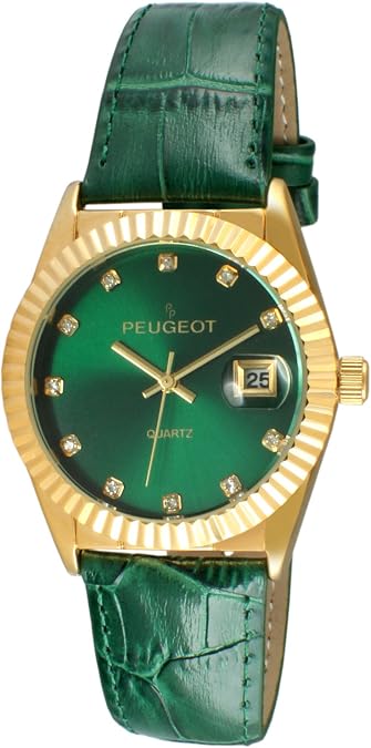 Peugeot Women's Coin Edge Bezel Date Watch Crystal Markers Leather Band