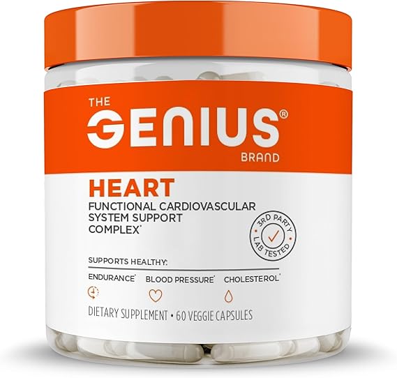 The Genius Brand Genius Heart - Adult Health Supplement for Daily Heart Function Support - Supports Blood & Oxygen Flow - With Grapeseed Extract & More - Non-GMO, Gluten-Free & Vegan - 60 Veggie Pills