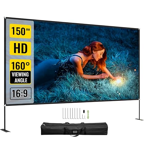 VEVOR Projection Screen with Stand 381 cm (150 Inches) Portable Film Screen 16:9 Projector Screen 347 x 201.9 cm Mobile Projector Screen 160° Viewing Angle Suitable for Home Cinema Camping Black