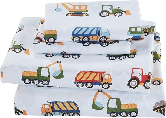 Fancy Linen Construction Excavators Dumping Trucks Tractors Light Blue Red Yellow Dark Blue Sheet Set for Boys/Teens Bedroom New (Twin)