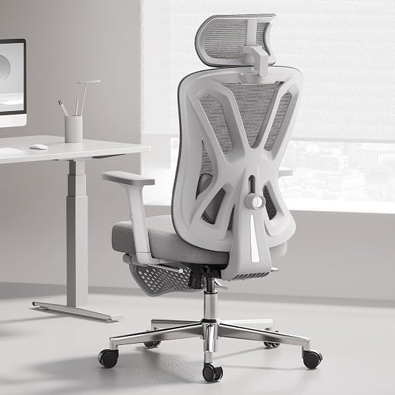 Hbada P5 Ergonomic Office Chair Desk Chair with Adjustable Lumbar Support Breathable Elastic Seat Cushion Integrated Footrest Computer Chair Grey