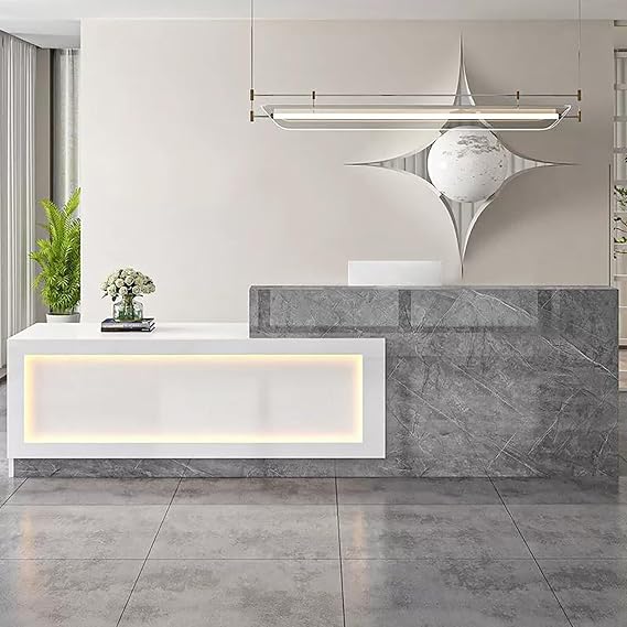 Simple Reception Desk Counter with LED Light Front Desk Reception Counter with Storage and Drawer Reception Table for Office Beauty Salon Checkout White and Grey Left 200cm/79inch