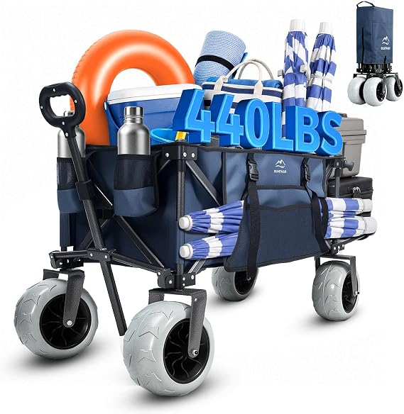 Beach Wagon with Extended Tailgate, 9" Big Sand-Proof Wheels, Heavy Duty 440lbs Folding Wagon Cart, 41" Utility Wagon with Side Bag, Adjustable Handle for Sand, Outdoor