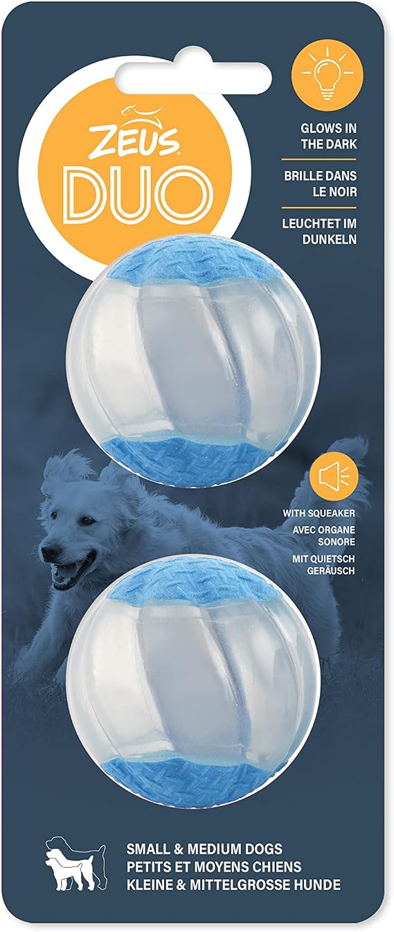 ZEUS Duo Balls with Glow in The Dark & Squeaker Interactive Dog Toys, Small