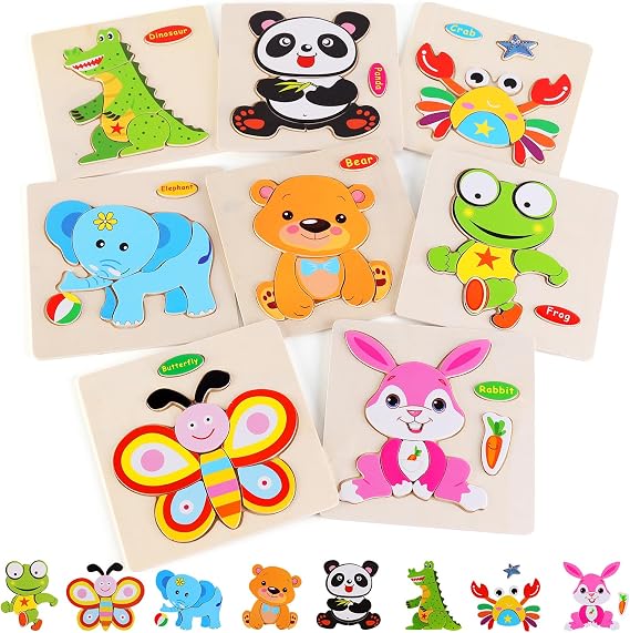 8 Pack Wooden Animal Puzzles for Kids Ages 3-5, Chunky Jigsaw Puzzle Set with Dinosaur, Panda, Crab, Elephant, Bear, Frog, Butterfly and Rabbit, Preschool Learning Toys for Boys and Girls