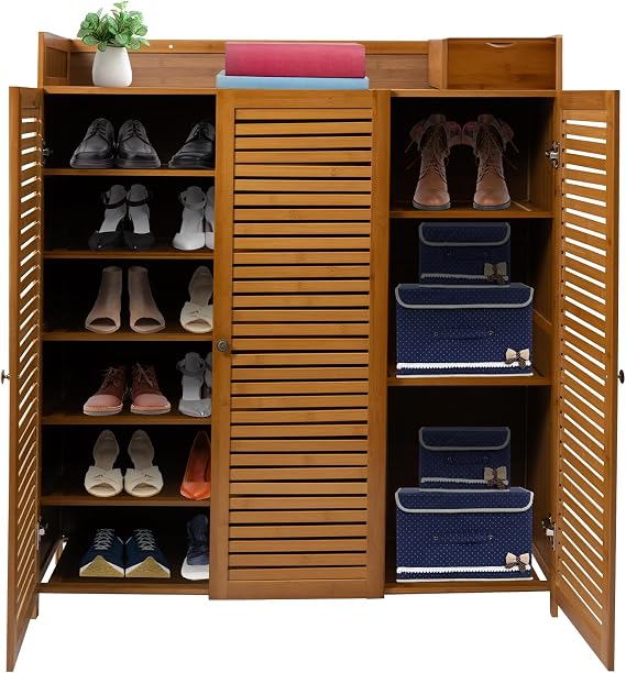 Wood Tall Shoe Rack, 7-Tier Shoe Cabinet Storage, Three Doors Rattan Shoe Cabinet, Freestanding Shoe Organizer Wooden Closed Shoe Rack for Entryway, Hallway, Living Room