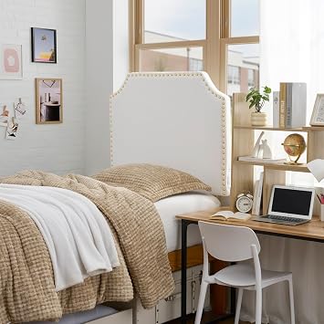 DormCo Bevel Tacked Plush Right Side Outlet Headboard with Legs - White with Gold Rivets