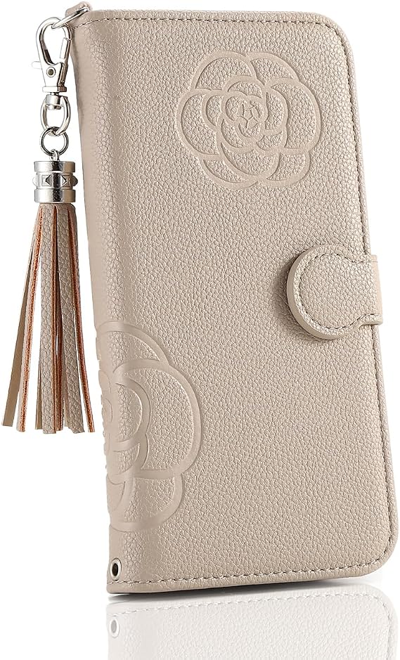 Galaxy S25 Folio Case Embossed Flower Pattern Simple Plain Lychee Leather with Mirror Tassel Charm Befortwo Camellia Flower Galaxy S25 Notebook Type Smartphone Case Cute Design Girls Galaxy S25 SC-51F Cover Notebook Type Card Slots Support Stand Function Muted Color Soft Inlay Cover Camel