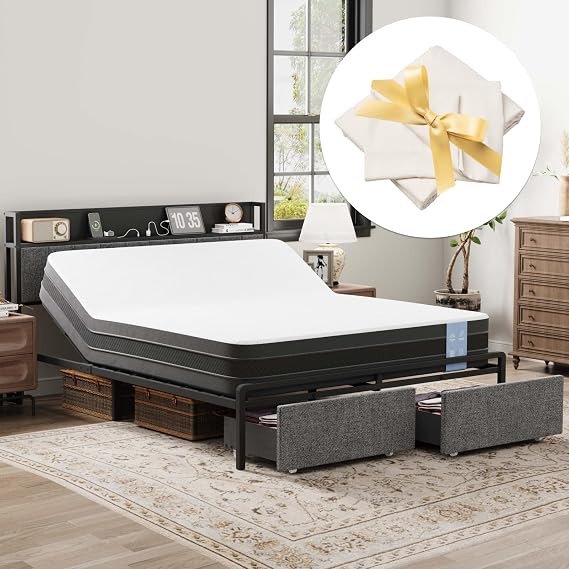 FLEXISPOT Queen Adjustable Bed with Storage Headboard and 10" Mattress