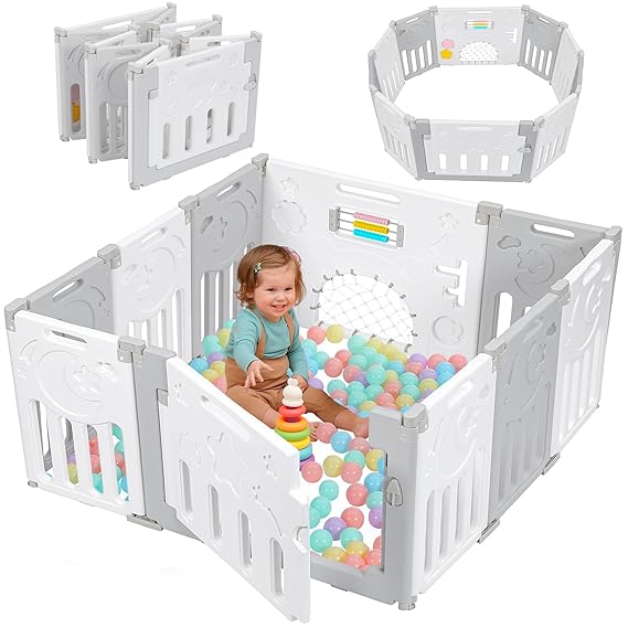 Baby Playpen, 10-Panel Foldable Play Pen for Babies 6-12 Months, Grey White