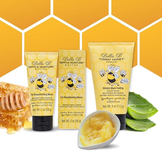 BELLA B Bundle Nipple Nurture Butter 2 oz & Tummy Honey Cream 4 oz - Organic Nipple Cream for Breastfeeding - Organic Nipple Butter - Breastfeeding Cream - Stretch Mark Prevention Cream