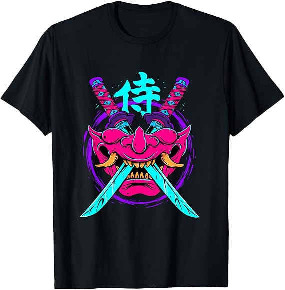 Vaporwave Aesthetic Japanese Samurai Mask Oni Kanji Bushido T-Shirt, Men, Black, Small