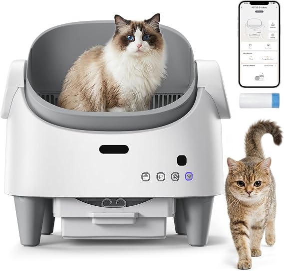 Self-Cleaning Cat Litter Tray, Automatic Cat Litter Box with Open-Top Design, APP Control, Safety Sensors, 3-Level Height Adjustment, Litter Robot for Multiple Cats, Low Odor, Quiet & Easy Maintenance