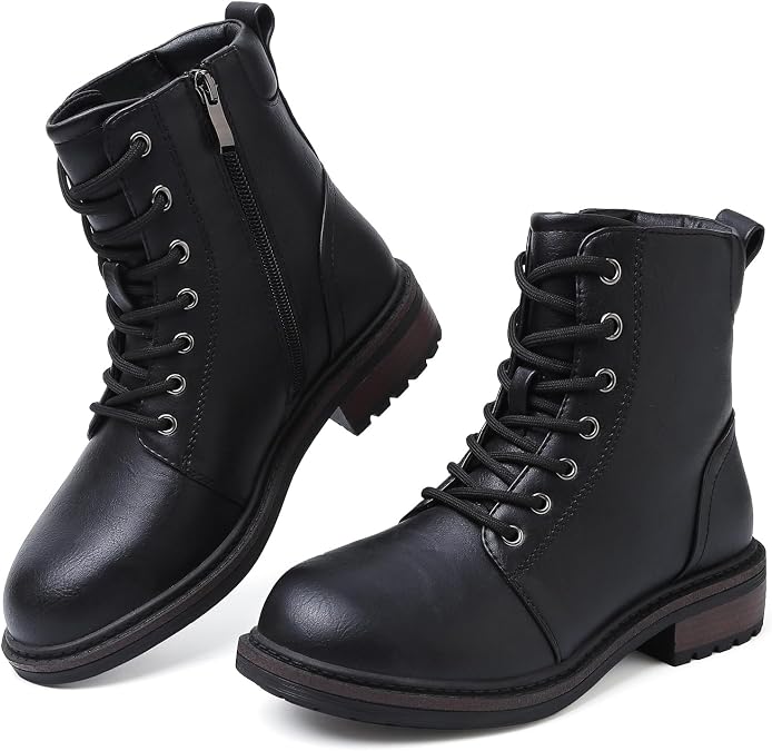 Hanani Womens Ankle Boots Side Zipper Casual Combat Boots Water Resistant Ladies Platform Walking Boots Lace Up Low Block Heel Round Toe Short Boots for Autumn Winter